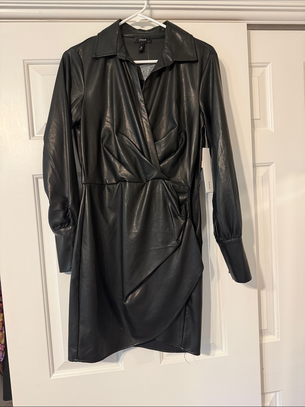 Aqua Black Faux Leather Wrap Dress